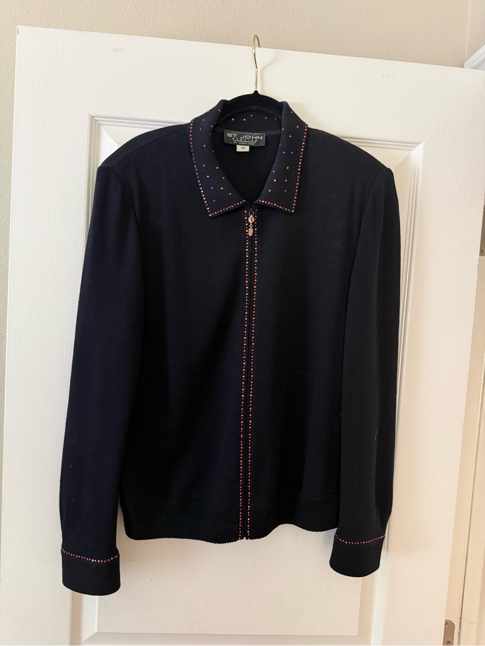 St. John Evening by Marie Gray Black Zip Front Sweater with Multicolor Stud Trim